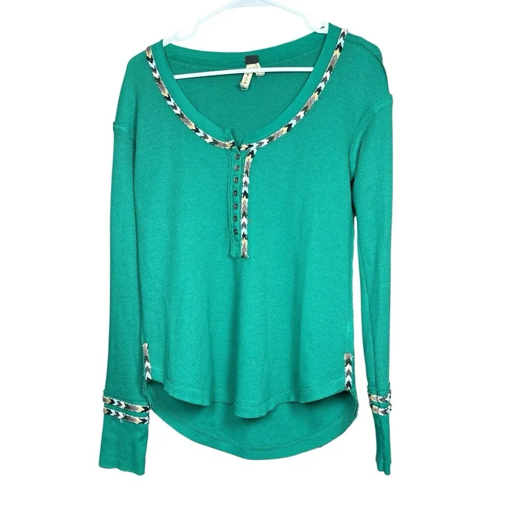 We The Free Free People Women’s Small Green Waffle Southwest Henley Thermal Boho